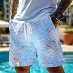 Discount OUKU Men's Palm Leaf Tropical Plants Waffle Shorts Sweat Shorts Casual Shorts Mid Waist Fashion Casual Vacation Jogging Workout Elastic Drawstring Waist Shorts with Pockets Designer Clothing Apparel