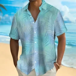 OUKU Men's Palm Leaf Tropical Plants Summer Hawaiian Shirt Button Up Shirt Short Sleeve Hawaiian Resort Vacation Holiday Beach Wear Summer Spring Turndown Collared Shirts Front One Pocket Light Blue
