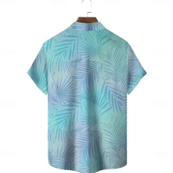 OUKU Men's Palm Leaf Tropical Plants Summer Hawaiian Shirt Button Up Shirt Short Sleeve Hawaiian Resort Vacation Holiday Beach Wear Summer Spring Turndown Collared Shirts Front One Pocket Light Blue