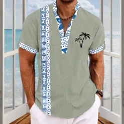 Online OUKU Men's Palm Tree Ethnic Tropical Plants Summer Hawaiian Shirt Aloha Shirt Short Sleeve Shirt Turndown Hawaiian Resort Outdoor Party Business / Ceremony / Wedding White Blue Green S M L