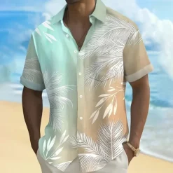 Outlet OUKU Men's Palm Tree Gradient Color Tropical Plants Summer Hawaiian Shirt Button Up Shirt Aloha Shirt Short Sleeve Hawaiian Resort Vacation Holiday Beach Wear Summer Spring Turndown Collared Shirts Front Light Green