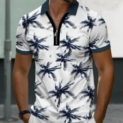 Best OUKU Men's Palm Tree Hawaiian Polo Shirts Golf Shirt Short Sleeve Polo Shirts Collared Shirts Casual Beach Wear Vacation Wear Tropical Wear Party Outfits 3D Print Quarter Zip Polo Summer Dark Navy Green
