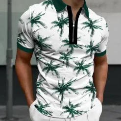 Best OUKU Men's Palm Tree Hawaiian Polo Shirts Golf Shirt Short Sleeve Polo Shirts Collared Shirts Casual Beach Wear Vacation Wear Tropical Wear Party Outfits 3D Print Quarter Zip Polo Summer Dark Navy Green