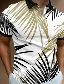 New OUKU Men's Palm Tree Hawaiian Polo Shirts Golf Shirt Short Sleeve Polo Shirts Collared Shirts Beach Wear Vacation Wear Tropical Wear Party Outfits 3D Print Quarter Zip Polo Spring & Summer White Yellow