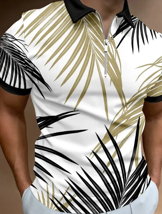 New OUKU Men's Palm Tree Hawaiian Polo Shirts Golf Shirt Short Sleeve Polo Shirts Collared Shirts Beach Wear Vacation Wear Tropical Wear Party Outfits 3D Print Quarter Zip Polo Spring & Summer White Yellow