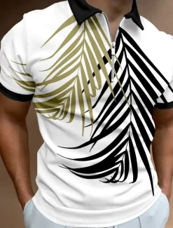 New OUKU Men's Palm Tree Hawaiian Polo Shirts Golf Shirt Short Sleeve Polo Shirts Collared Shirts Beach Wear Vacation Wear Tropical Wear Party Outfits 3D Print Quarter Zip Polo Spring & Summer White Yellow
