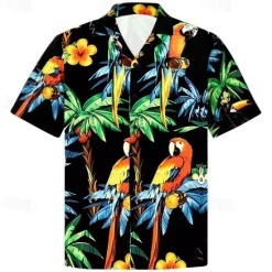 OUKU Men's Palm Tree Parrot Shirt Summer Hawaiian Shirt Aloha Shirt Short Sleeve Shirt Turndown Tropical Fashion Streetwear Casual Hawaiian Holiday S M L Green / Black