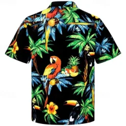 OUKU Men's Palm Tree Parrot Shirt Summer Hawaiian Shirt Aloha Shirt Short Sleeve Shirt Turndown Tropical Fashion Streetwear Casual Hawaiian Holiday S M L Green / Black