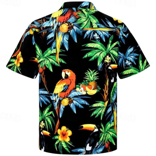 OUKU Men's Palm Tree Parrot Shirt Summer Hawaiian Shirt Aloha Shirt Short Sleeve Shirt Turndown Tropical Fashion Streetwear Casual Hawaiian Holiday S M L Green / Black