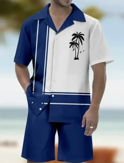 Hot OUKU Men's Palm Tree 2pcs Shirts Sets Summer Hawaiian Shirt Short Sleeve Short Pants Cuban Collar beach vacation Party Casual Daily 3D Print Summer Robin's Egg Blue Black Red