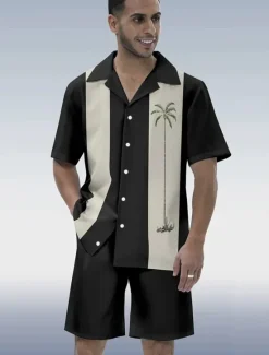Hot OUKU Men's Palm Tree 2pcs Shirts Sets Summer Hawaiian Shirt Short Sleeve Short Pants Cuban Collar beach vacation Party Casual Daily 3D Print Summer Robin's Egg Blue Black Red