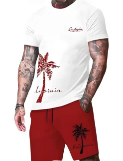 Discount OUKU Men's Palm Tree 2pcs Tees sets Summer Tops Short Sleeve Short Pants Crew Neck Sport Casual beach vacation Outdoor Sport Daily 3D Print Summer Black Green Red