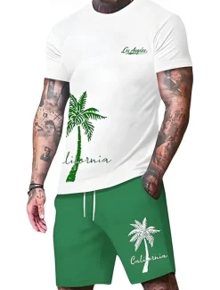 Discount OUKU Men's Palm Tree 2pcs Tees sets Summer Tops Short Sleeve Short Pants Crew Neck Sport Casual beach vacation Outdoor Sport Daily 3D Print Summer Black Green Red