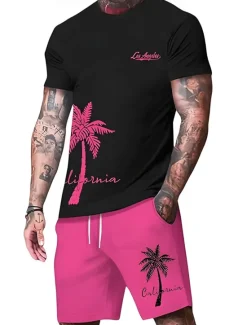 Discount OUKU Men's Palm Tree 2pcs Tees sets Summer Tops Short Sleeve Short Pants Crew Neck Sport Casual beach vacation Outdoor Sport Daily 3D Print Summer Black Green Red
