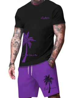 Discount OUKU Men's Palm Tree 2pcs Tees sets Summer Tops Short Sleeve Short Pants Crew Neck Sport Casual beach vacation Outdoor Sport Daily 3D Print Summer Black Green Red
