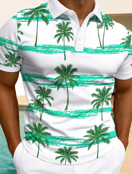 Outlet OUKU Men's Palm Tree Polo Hawaiian Polo Shirts Short Sleeve Polo Shirts Collared Shirts Casual Resort Daily Wear Home Wear Vacation Wear 3D Print Buttons Summer White Light Green Blue