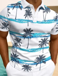 Outlet OUKU Men's Palm Tree Polo Hawaiian Polo Shirts Short Sleeve Polo Shirts Collared Shirts Casual Resort Daily Wear Home Wear Vacation Wear 3D Print Buttons Summer White Light Green Blue