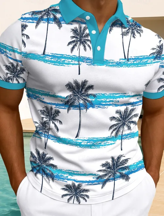 Outlet OUKU Men's Palm Tree Polo Hawaiian Polo Shirts Short Sleeve Polo Shirts Collared Shirts Casual Resort Daily Wear Home Wear Vacation Wear 3D Print Buttons Summer White Light Green Blue