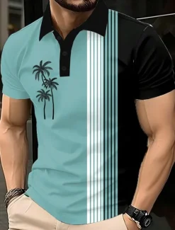 Best OUKU Men's Palm Tree Polo Short Sleeve Polo Shirts Lapel Casual Resort Athleisure Hawaiian 3D Print Buttons Summer Blue Purple Brown