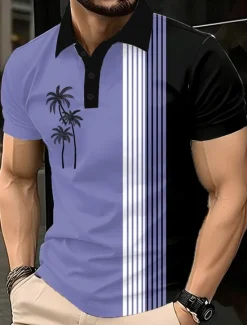 Best OUKU Men's Palm Tree Polo Short Sleeve Polo Shirts Lapel Casual Resort Athleisure Hawaiian 3D Print Buttons Summer Blue Purple Brown