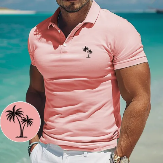 Discount OUKU Men's Palm Tree Polo Short Sleeve Polo Shirts Collared Shirts Casual Resort Outdoor Daily Wear Vacation Wear 3D Print Summer White Pink Blue