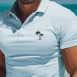 Discount OUKU Men's Palm Tree Polo Short Sleeve Polo Shirts Collared Shirts Casual Resort Outdoor Daily Wear Vacation Wear 3D Print Summer White Pink Blue