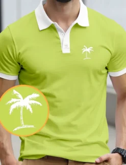 Best OUKU Men's Palm Tree Polo Short Sleeve Polo Shirts Collared Shirts Resort Daily Wear Vacation Wear 3D Print Summer Black Yellow Navy Blue