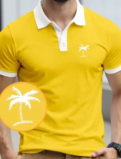 Best OUKU Men's Palm Tree Polo Short Sleeve Polo Shirts Collared Shirts Resort Daily Wear Vacation Wear 3D Print Summer Black Yellow Navy Blue
