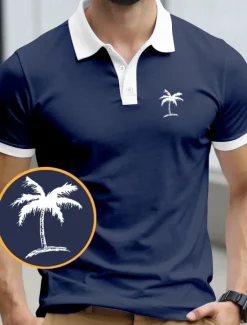 Best OUKU Men's Palm Tree Polo Short Sleeve Polo Shirts Collared Shirts Resort Daily Wear Vacation Wear 3D Print Summer Black Yellow Navy Blue