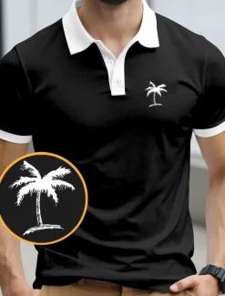 Best OUKU Men's Palm Tree Polo Short Sleeve Polo Shirts Collared Shirts Resort Daily Wear Vacation Wear 3D Print Summer Black Yellow Navy Blue