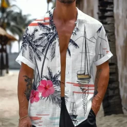 Online OUKU Men's Palm Tree Sailboat Tropical Plants Shirt Summer Hawaiian Shirt Aloha Shirt Short Sleeve Shirt Turndown Vacation Hawaiian Resort Style Outdoor Vacation Beach Black White S M L