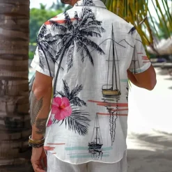 Online OUKU Men's Palm Tree Sailboat Tropical Plants Shirt Summer Hawaiian Shirt Aloha Shirt Short Sleeve Shirt Turndown Vacation Hawaiian Resort Style Outdoor Vacation Beach Black White S M L