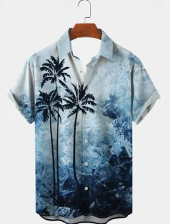 Online OUKU Men's Palm Tree Shirt Summer Hawaiian Shirt Aloha Shirt Short Sleeves Shirt Turndown Hawaiian Casual Daily Wear Going out Weekend Blue Brown S M L