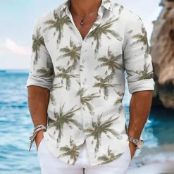 Online OUKU Men's Palm Tree Summer Hawaiian Shirt Aloha Shirt Long Sleeve Hawaiian Beach Vacation Summer Spring Turndown Button Up Blue Purple Green