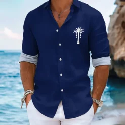 Best OUKU Men's Palm Tree Summer Hawaiian Shirt Aloha Shirt Long Sleeve Hawaiian Resort Vacation Causal Casual Summer Spring Turndown Button Up Navy Blue Blue Sky Blue Green Beige
