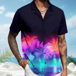 Best OUKU Men's Palm Tree Tropical Plants Shirt Summer Hawaiian Shirt Aloha Shirt Short Sleeve Shirt Cuban Collar Vacation Hawaiian Resort Style Vacation Holiday Beach S M L Purple