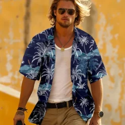 Hot OUKU Men's Palm Tree Tropical Plants Shirt Summer Hawaiian Shirt Aloha Shirt Short Sleeve Shirt Turndown Vacation Hawaiian Resort Style Outdoor Vacation Beach Yellow Red Dark Navy S M L