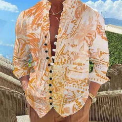 New OUKU Men's Palm Tree Tropical Plants Summer Hawaiian Shirt Aloha Shirt Printed Shirts Long Sleeve Shirt Standing Collar Hawaiian Resort Outdoor Vacation Daily Wear Pink Blue Orange S M L