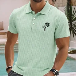 Discount OUKU Men's Palm Tree Waffle Polo Shirts Short Sleeve Polo Shirts Collared Shirts Resort Business Casual Business Athleisure Vacation Wear Buttons 3D Print Summer Blue Orange Green