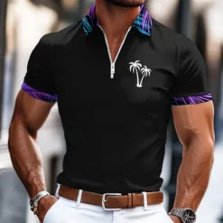 Discount OUKU Men's Palm Tree Zip Polo Short Sleeve Turndown Vacation Casual Daily Sports & Outdoor Athleisure Casual Daily Zipper Summer Amethyst Pink Black