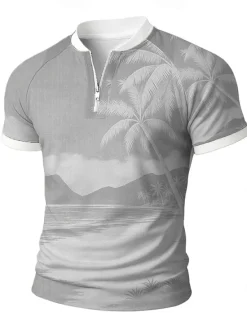 Sale OUKU Men's Palm Tree Zip Polo Short Sleeve Stand Collar Vacation Leisure Athleisure Hawaiian Casual Daily Zipper 3D Print Summer Robin's Egg Blue Light Green Brown