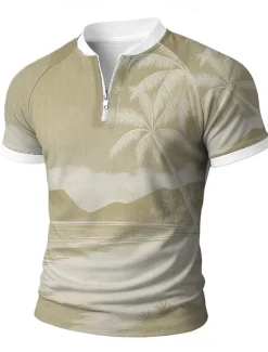 Sale OUKU Men's Palm Tree Zip Polo Short Sleeve Stand Collar Vacation Leisure Athleisure Hawaiian Casual Daily Zipper 3D Print Summer Robin's Egg Blue Light Green Brown