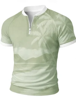 Sale OUKU Men's Palm Tree Zip Polo Short Sleeve Stand Collar Vacation Leisure Athleisure Hawaiian Casual Daily Zipper 3D Print Summer Robin's Egg Blue Light Green Brown