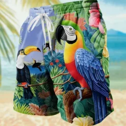 OUKU Men's Parrot Floral&Plants Jungle Swim Trunks Swim Shorts Board Shorts Mid Waist Tropical Streetwear Hawaiian Vacation Daily Holiday Drawstring Elastic Waist 3D Print Designer Clothing Apparel Blue