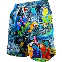 Discount OUKU Men's Parrot Flower / Plants Swim Trunks Swim Shorts Board Shorts Mid Waist Fashion Streetwear Designer Casual Daily Holiday Pocket Drawstring Elastic Waist Designer Clothing Apparel Blue