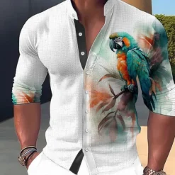 Clearance OUKU Men's Parrot Shirt Button Up Shirt Long Sleeve Fashion Streetwear Designer Outdoor Casual Daily Summer Spring Fall Stand Collar Print Yellow Pink Red Blue Green