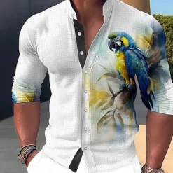 Clearance OUKU Men's Parrot Shirt Button Up Shirt Long Sleeve Fashion Streetwear Designer Outdoor Casual Daily Summer Spring Fall Stand Collar Print Yellow Pink Red Blue Green