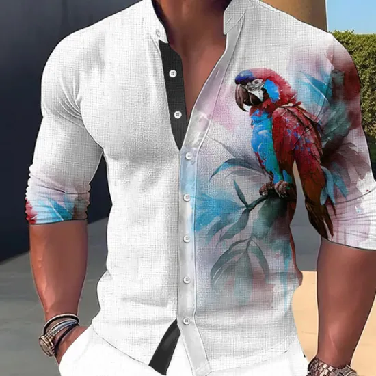 Clearance OUKU Men's Parrot Shirt Button Up Shirt Long Sleeve Fashion Streetwear Designer Outdoor Casual Daily Summer Spring Fall Stand Collar Print Yellow Pink Red Blue Green