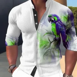 Clearance OUKU Men's Parrot Shirt Button Up Shirt Long Sleeve Fashion Streetwear Designer Outdoor Casual Daily Summer Spring Fall Stand Collar Print Yellow Pink Red Blue Green