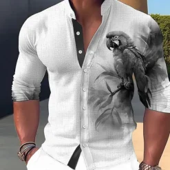 Clearance OUKU Men's Parrot Shirt Button Up Shirt Long Sleeve Fashion Streetwear Designer Outdoor Casual Daily Summer Spring Fall Stand Collar Print Yellow Pink Red Blue Green